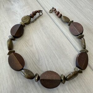 💙2 for $5 Elegant Wood Bead and Faux Green Stone and Brass Necklace